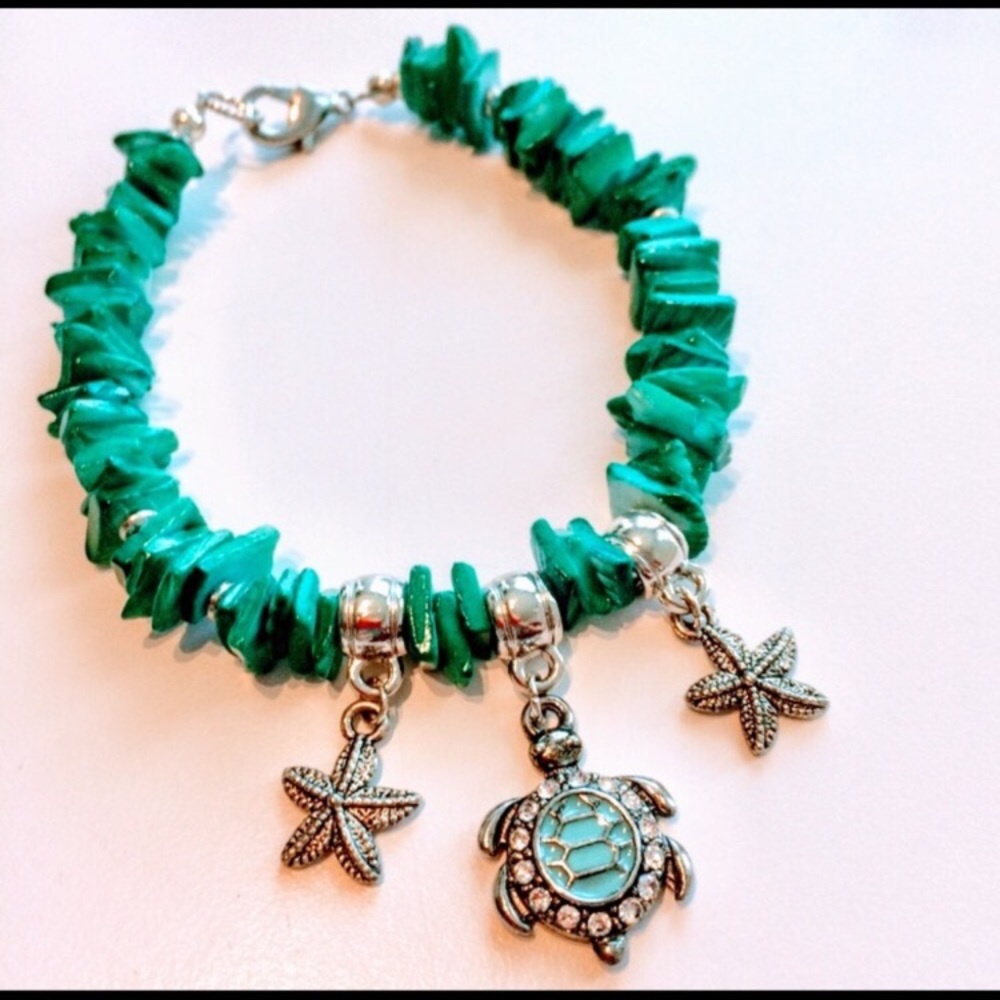 Aqua shell and turtle charm bracelet